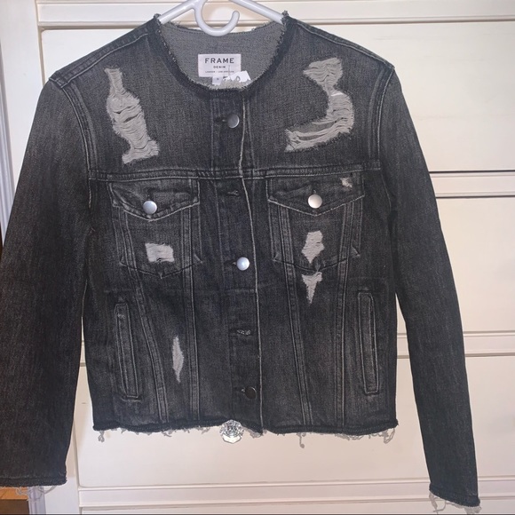 Frame Demin Distressed Jean Jacket S Charcoal - Picture 3 of 5